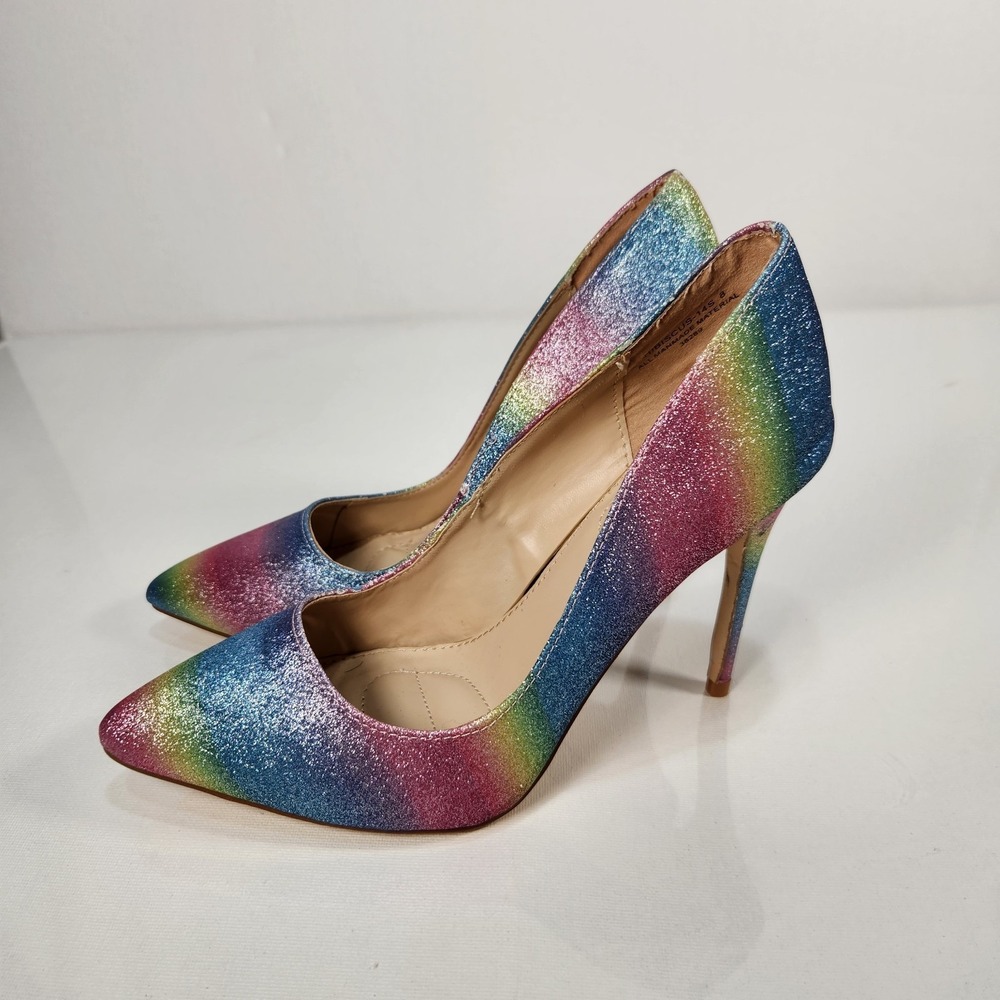 Anne Michelle Hibiscus 14S Womens Size 8 Pink Blue Rainbow 3.5" High Heels